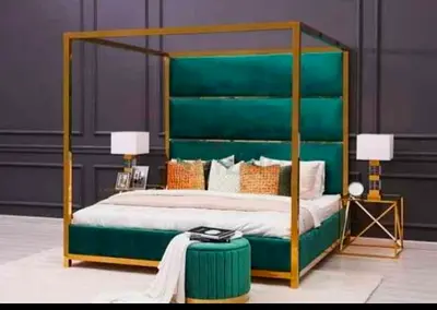 Modern Emerald Velvet Canopy King Bed with Gold Frame