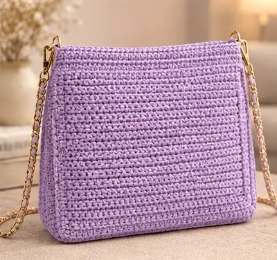 Handmade Lavender Crochet Shoulder Bag with Gold Chain Strap