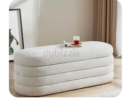 Cream Bouclé Upholstered Bench / Ottoman - Soft Curved Design