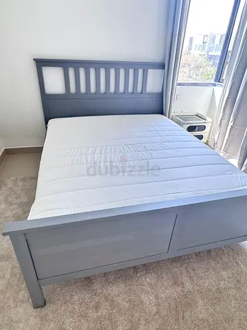 Double/Queen grey wooden bed frame with mattress - good condition