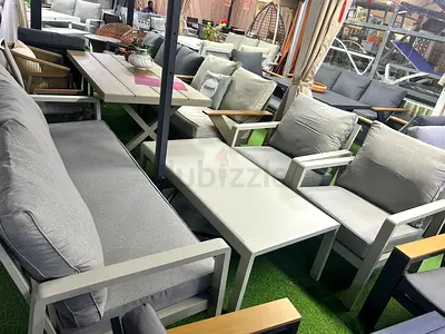Outdoor garden sofa set with cushions and coffee table - grey aluminum frame