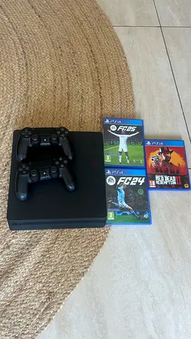 PlayStation 4 Slim with 2 Controllers + 3 Games (FIFA 24, FIFA 25, Red Dead Redemption 2)