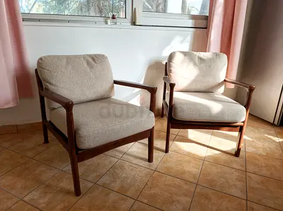 Pair of Home Centre - Mid-Century Style Wooden Frame Lounge Chairs with Cushions
