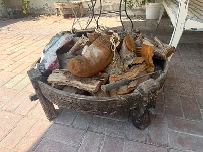 Antique wood fireplace garden wood table holder
