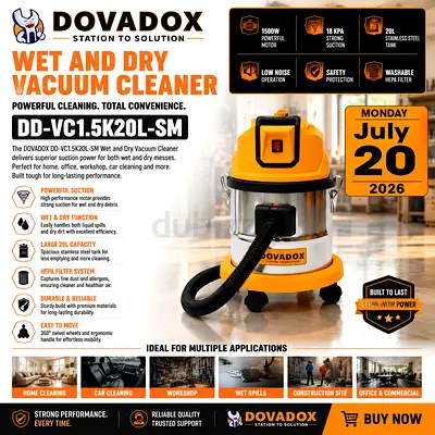 Dovadox DD-VC1.5K20L-SM Wet & Dry Vacuum Cleaner - 20L, 1500W