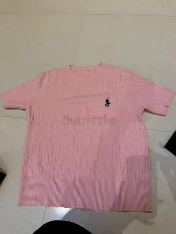 Light Pink Ribbed Short-Sleeve Polo T-Shirt (Ralph Lauren style) - Size S/M