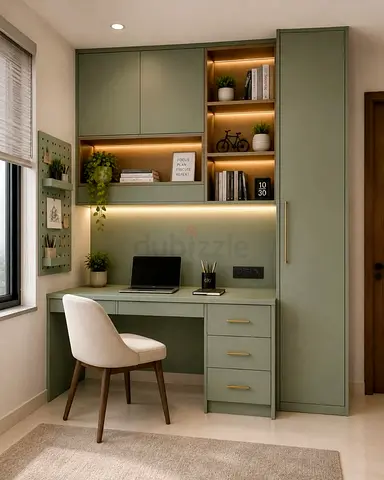 Built-in Study Desk with Overhead Cabinets and Tall Wardrobe - Olive Green