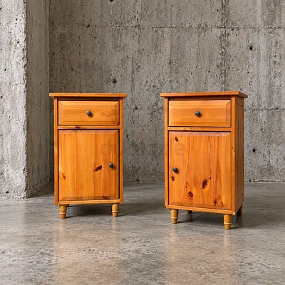 Pair of Solid Wood Nightstands with Drawer and Cabinet