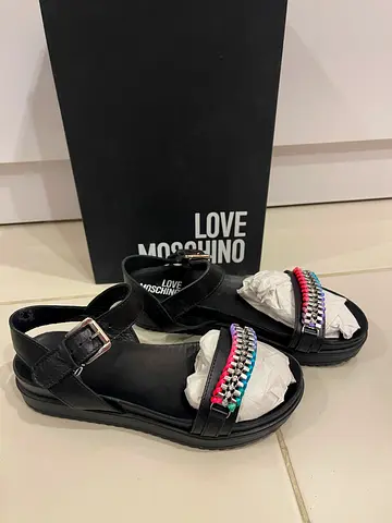 Love Moschino black leather sandals with colorful chain detail - Size EU 37