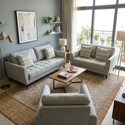 Modern light-grey 3-piece sofa set with armchair - good condition