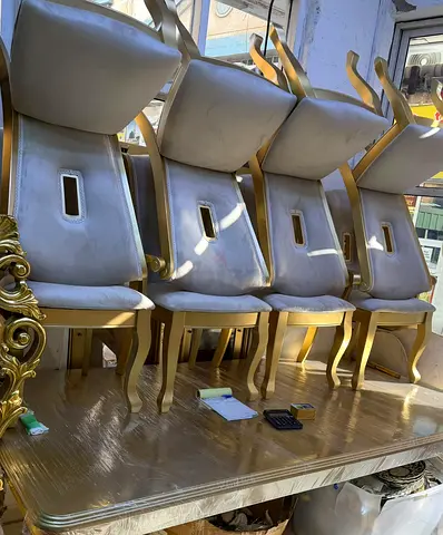 Set of 4 Gold-Framed Velvet Dining Chairs - Good Condition