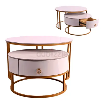 Round Nesting Coffee Tables with Drawer – White & Gold