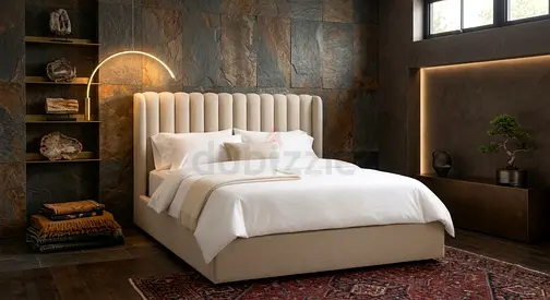 Beige Upholstered Queen Bed with Padded Headboard -