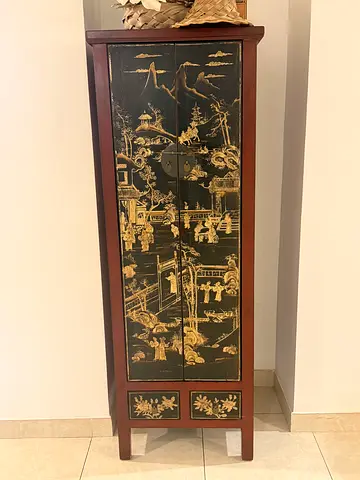 Tall Vintage Asian Hand-Painted Cabinet with Gold Chinoiserie Panels
