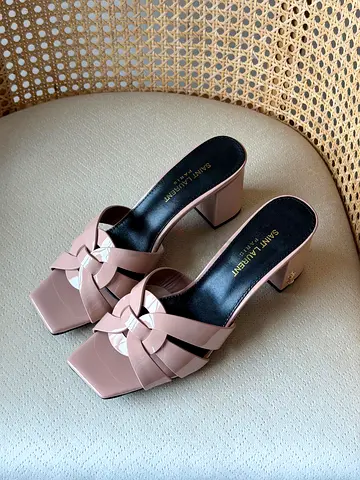 Used Saint Laurent Pink Leather Knot Block Heel Mules, Size Unknown