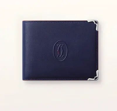 Men's navy leather bi-fold wallet with metal corner protectors