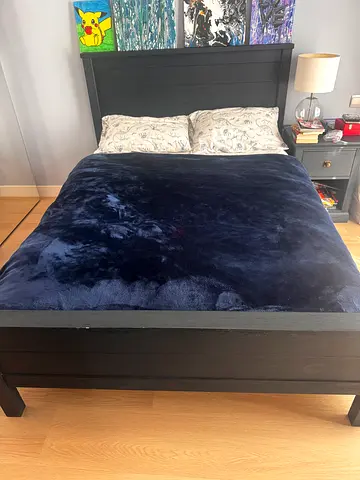 Queen wooden bed frame with headboard - dark wood, good condition