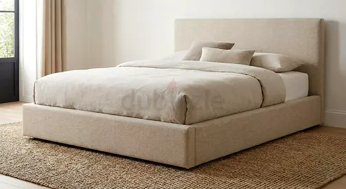 Beige Upholstered Platform Bed with Headboard - Queen