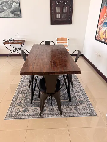 Solid Wood Industrial Dining Table with 4 Metal Chairs - Good Condition
