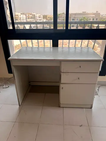 White wooden study desk with drawers - good condition