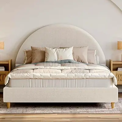 Beige Fabric Double Bed with Rounded Headboard - Modern Design