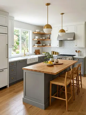 Modern grey kitchen island with wooden countertop