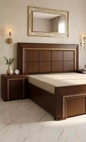 Solid Wood King Bed with Matching Nightstand – Dark Brown, Modern Classic