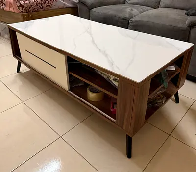 Modern wood and white marble-effect coffee table with storage