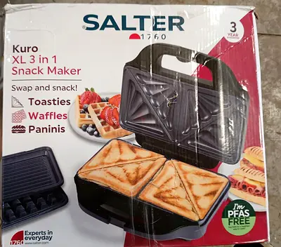 Salter Kuro XL 3-in-1 Snack Maker — Toasties, Waffles & Paninis (Like New Box)