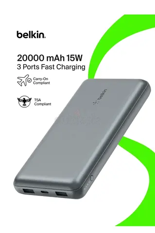Belkin 20000mAh Power Bank 15W - 3 Port USB Portable Charger (Grey)