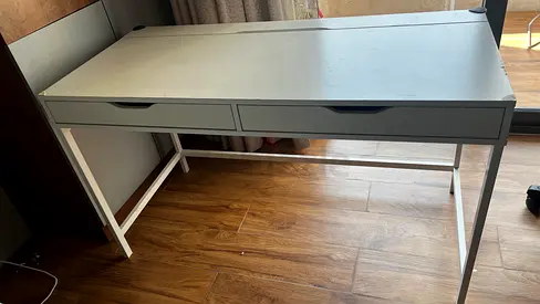 White metal frame writing desk with two drawers — good condition (IKEA)