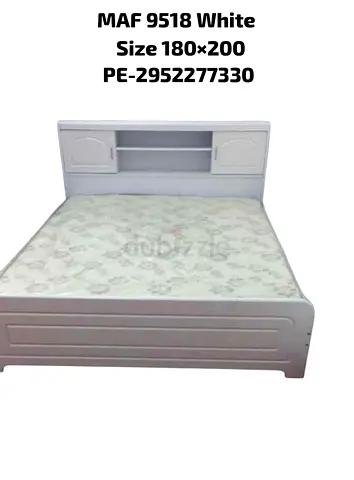 White Wooden Double Bed with Headboard Storage, Size 180x200 cm