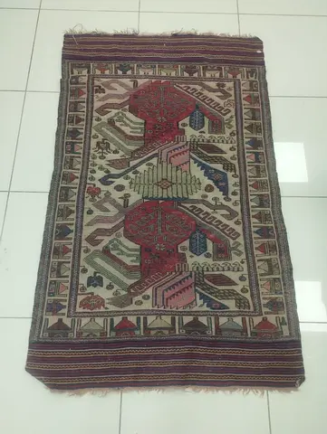 Tribal Style Flatweave Rug, Cream with Red and Multicolour Motifs, 190 x 120 cm, JLT