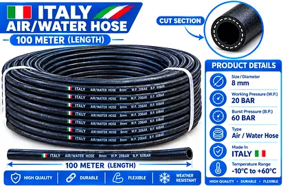 Premium ITALY Air / Water Hose 100M Italy Air/Water Hose (8mm) - Flexible, Weather Resistant