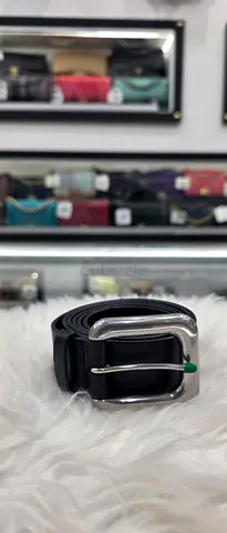 Classic black leather belt with silver buckle - gently used