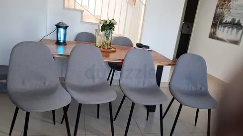 Set of 6 Grey Fabric Dining Chairs with Black Legs