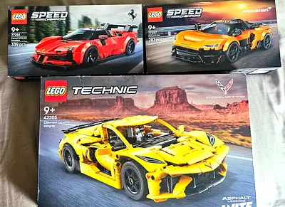 Three LEGO car sets: Technic Corvette 42205 + Speed Ferrari & McLaren (new)