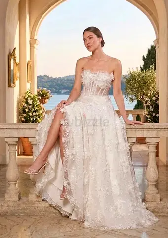 White wedding dress - Ivory Strapless Lace Bridal Gown with Sheer Bodice