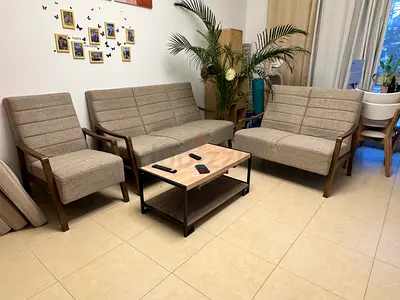 3-piece mid-century style sofa set (wood handrest) with armchair. Well maintained with minimal usage