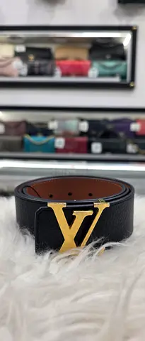 Black leather belt with gold LV-style buckle — preowned, good condition