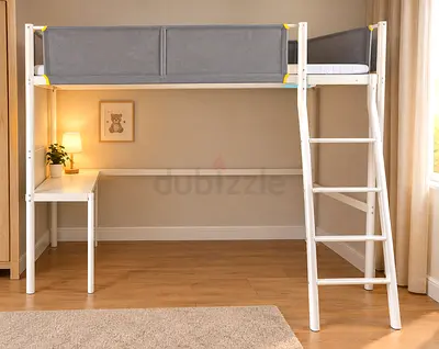 White Loft Bed with Built-in Desk and Ladder — Single Size, Good Condition