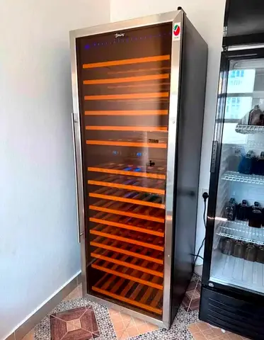 Tall Stainless Steel Wine Cooler / Wine Fridge with Wooden Shelves