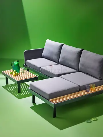Outdoor Sofa Set with Grey Cushions and Wooden Slats