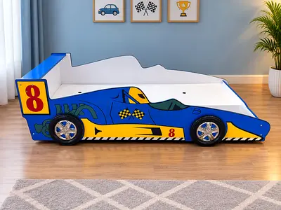 Blue Race Car Single Kids Bed with Side Rails — Good Condition