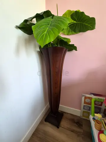Tall Wooden-Style Decorative Floor Vase with Artificial Leaves