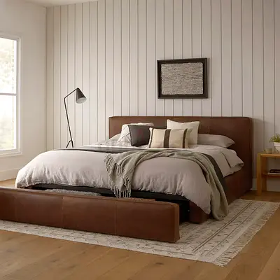 Brown leather front drawers super king bed