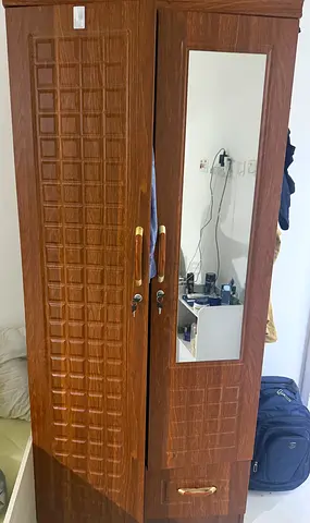 Two-door wooden wardrobe with mirror and drawer