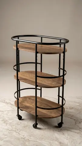 Wood and Black Metal 3-Tier Rolling Bar Cart / Kitchen Trolley