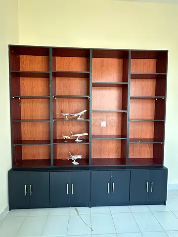 Large wooden shelving unit with 3-drawer base - dark finish