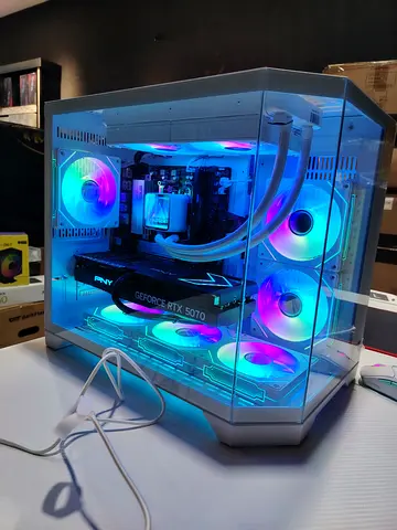 Compact white RGB gaming PC with RTX 5070 (water-cooled)